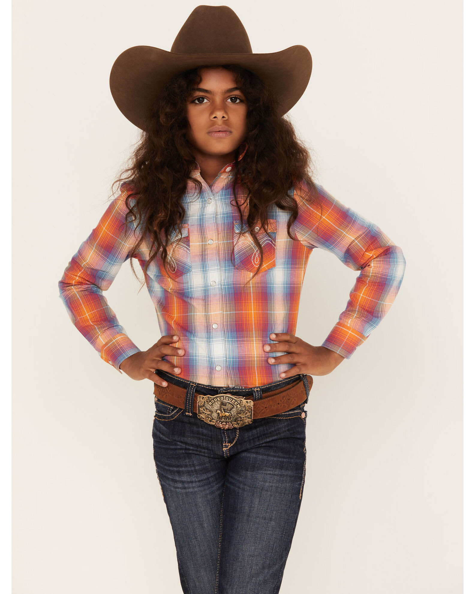 Panhandle Girls Plaid Print Long Sleeve Western Pearl Snap Shirt