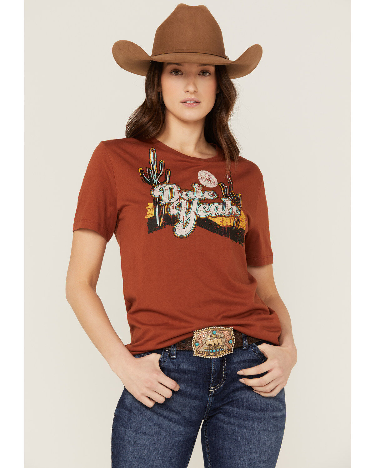 Image #1 - Panhandle Women's Dale Yeah Desert Short Sleeve Graphic Tee, Rust Copper, hi-res