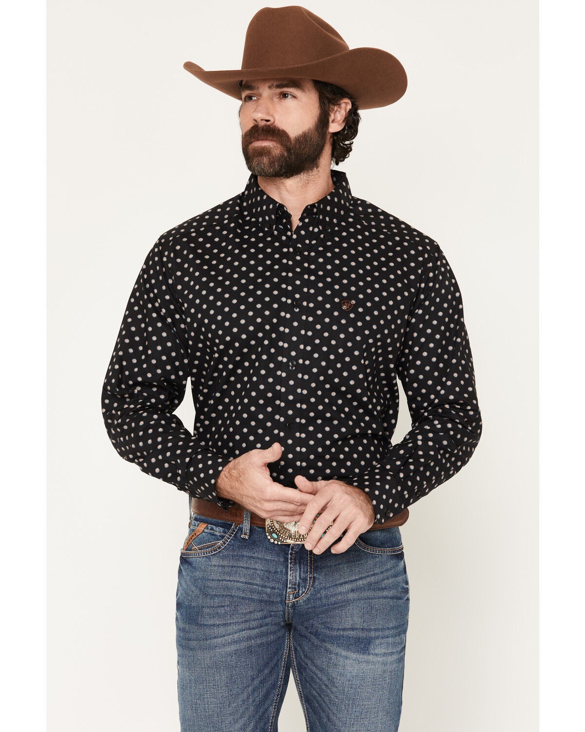 Image #1 - Ariat Men's Larsen Geo Print Long Sleeve Button-Down Western Shirt, Black, hi-res