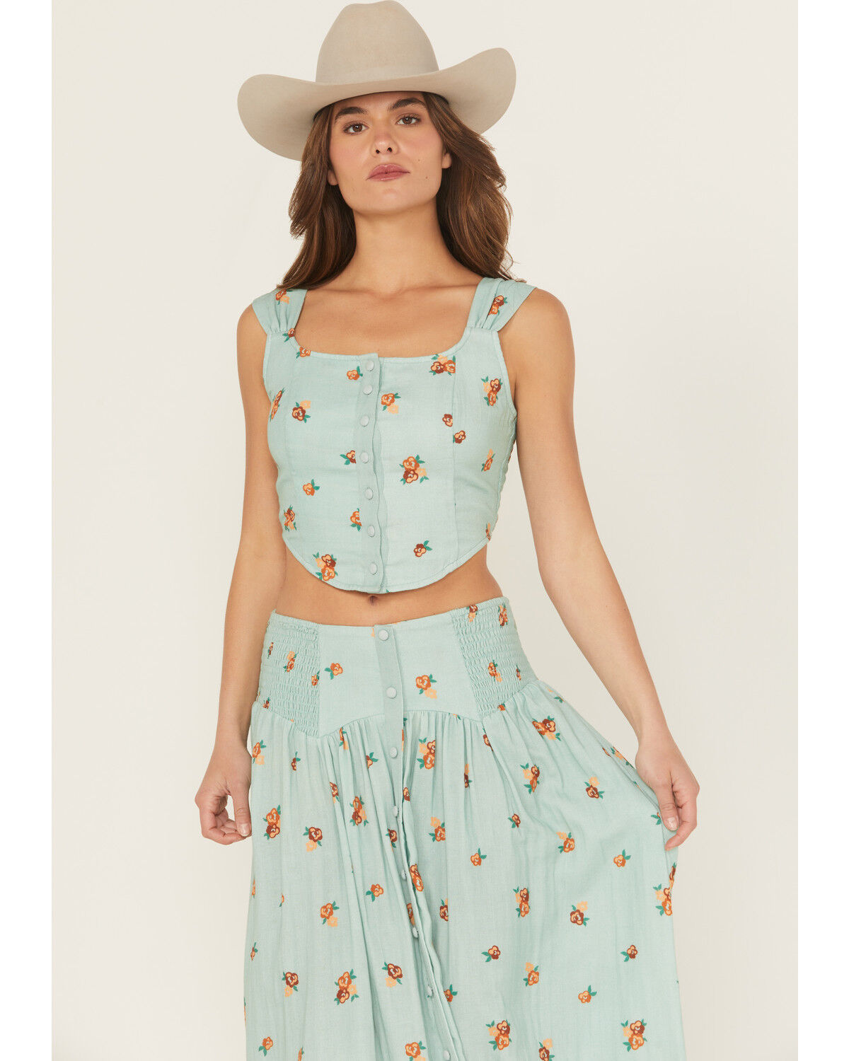 Image #1 - Rock & Roll Denim Women's Floral Print Button-Down Coreset Tank Top, Aqua, hi-res