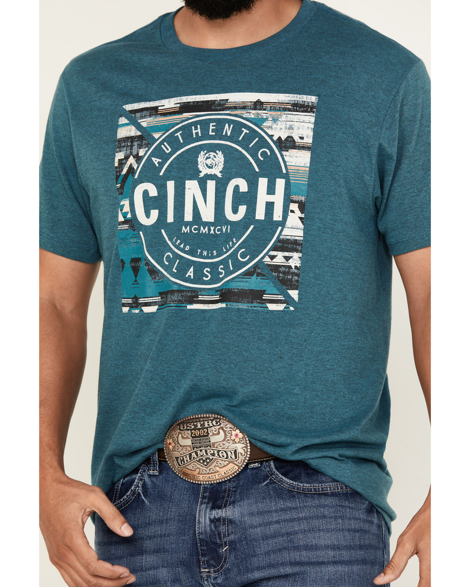 Image #3 - Cinch Men's Southwestern Print Logo Short Sleeve Graphic T-Shirt, Teal, hi-res