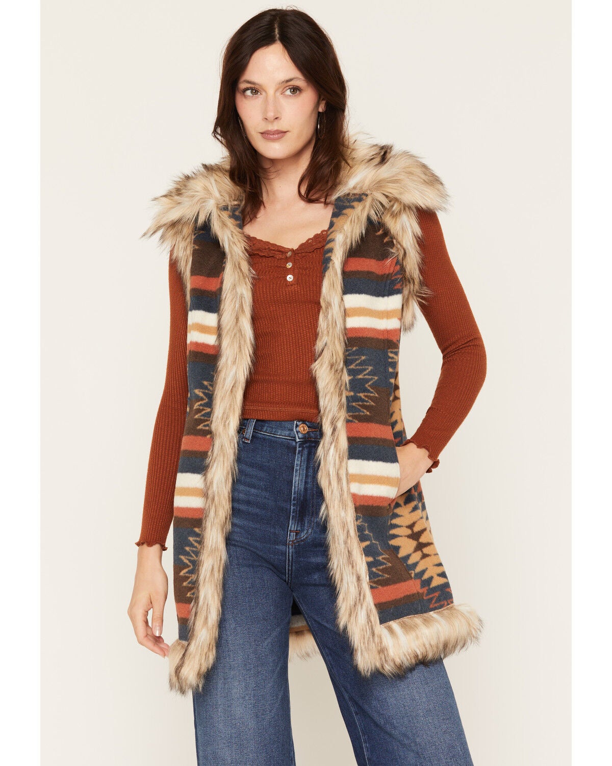 Image #1 - Tasha Polizzi Women's Kensie Southwestern Print Faux Fur Trim Vest, Multi, hi-res