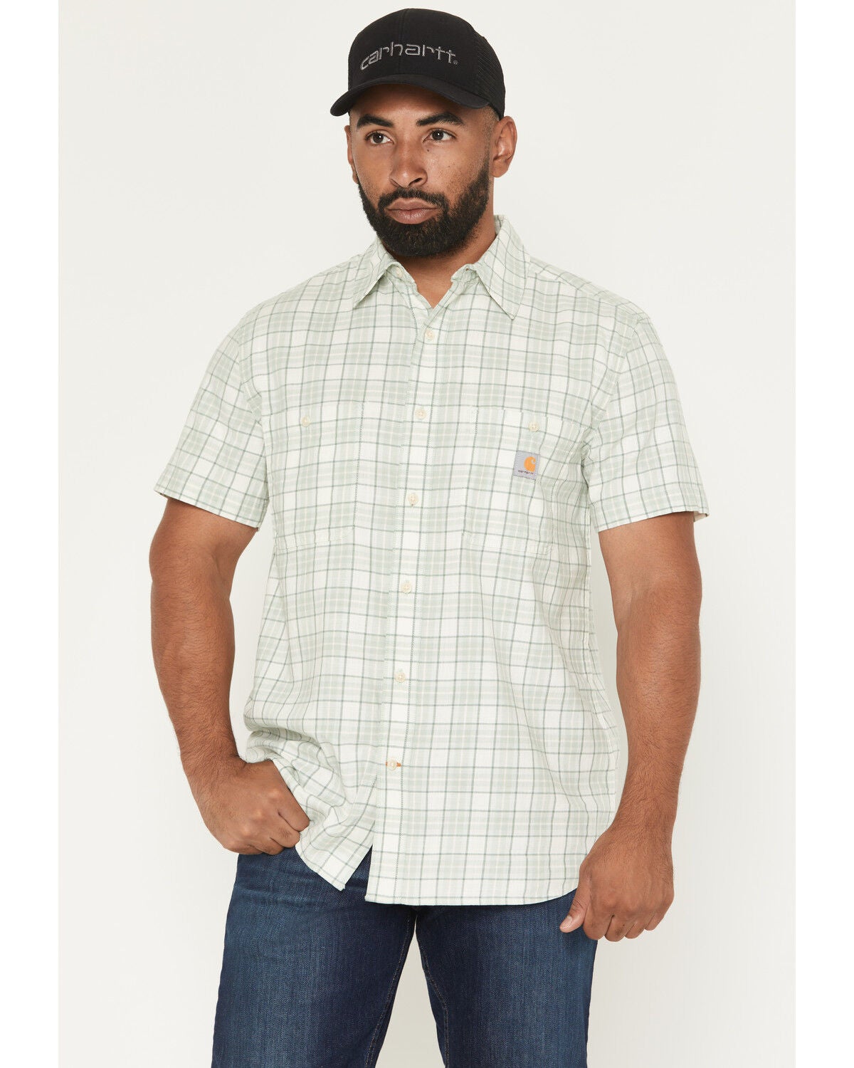 Carhartt Men's Bozeman Rugged Flex&reg; Relaxed Fit Plaid Print Short Sleeve Button-Down Work Shirt, Teal, hi-res