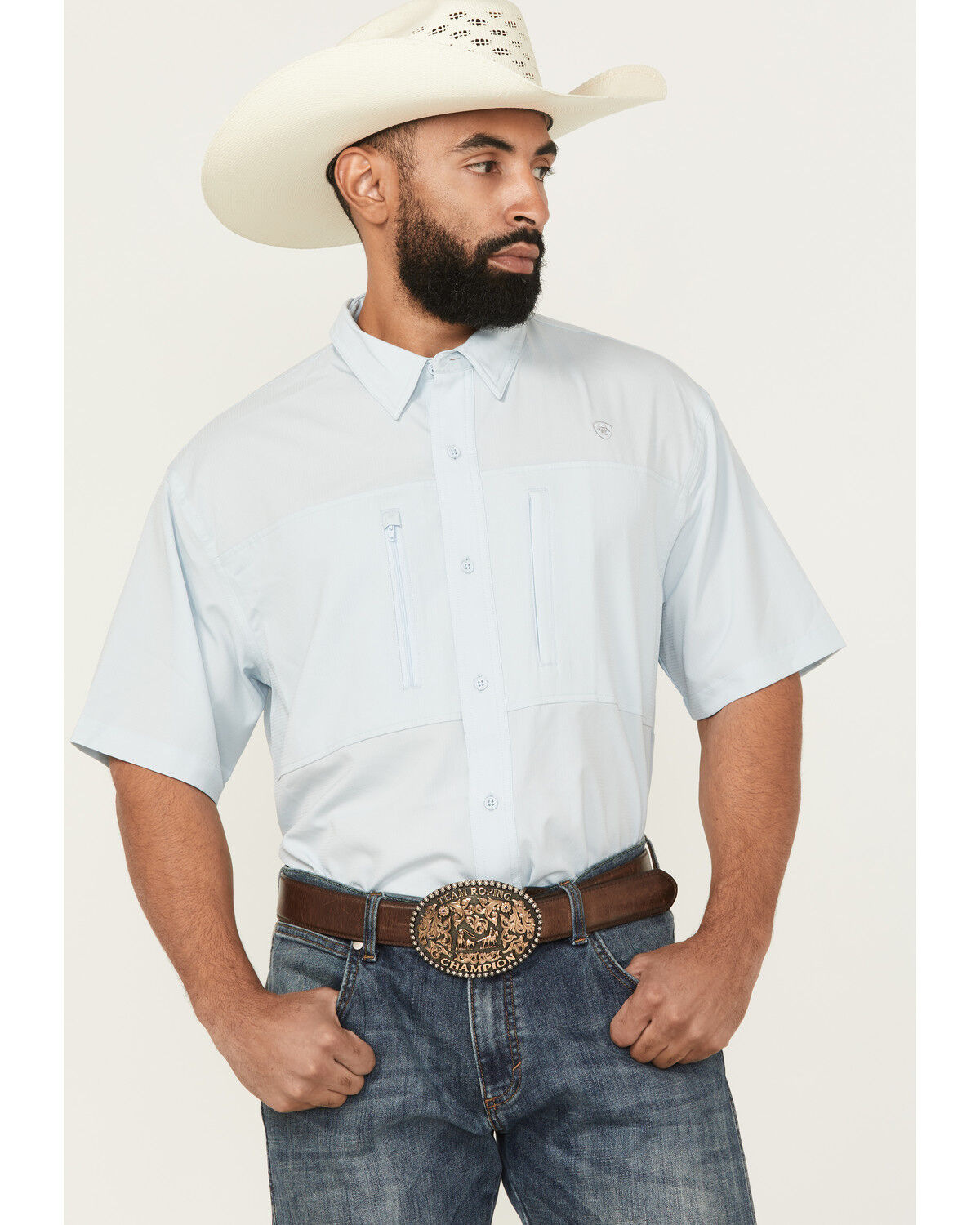 Image #1 - Ariat Men's VenTEK Solid Short Sleeve Button-Down Western Shirt, Light Blue, hi-res