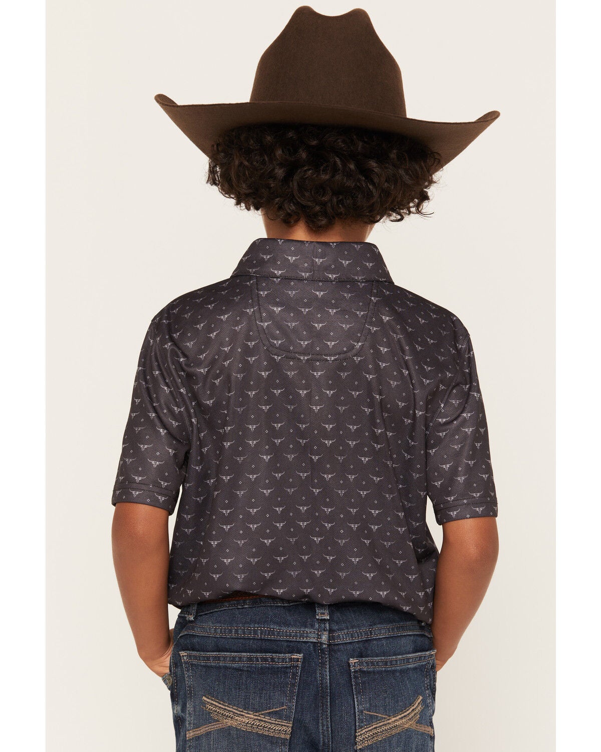 Image #4 - Panhandle Slim Boys' Steer Head Print Short Sleeve Polo, Black, hi-res