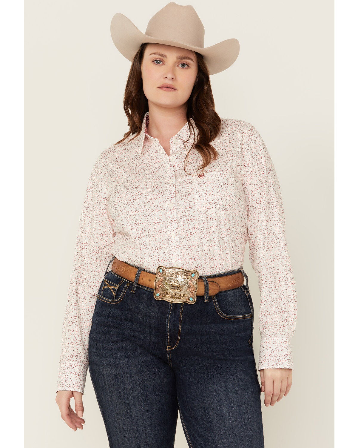 Ariat Women's Kirby Stretch Star Print Button-Down Long Sleeve Western Shirt - Plus, White, hi-res