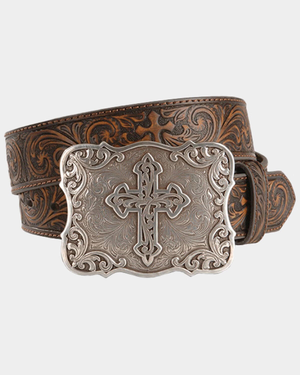 Nocona Belt Co. Women's Embossed Leather Cross Buckle Belt, Brown, hi-res