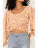 Flying Tomato Women's Criss Cross Smocked Long Sleeve Crop Top, Ivory, hi-res