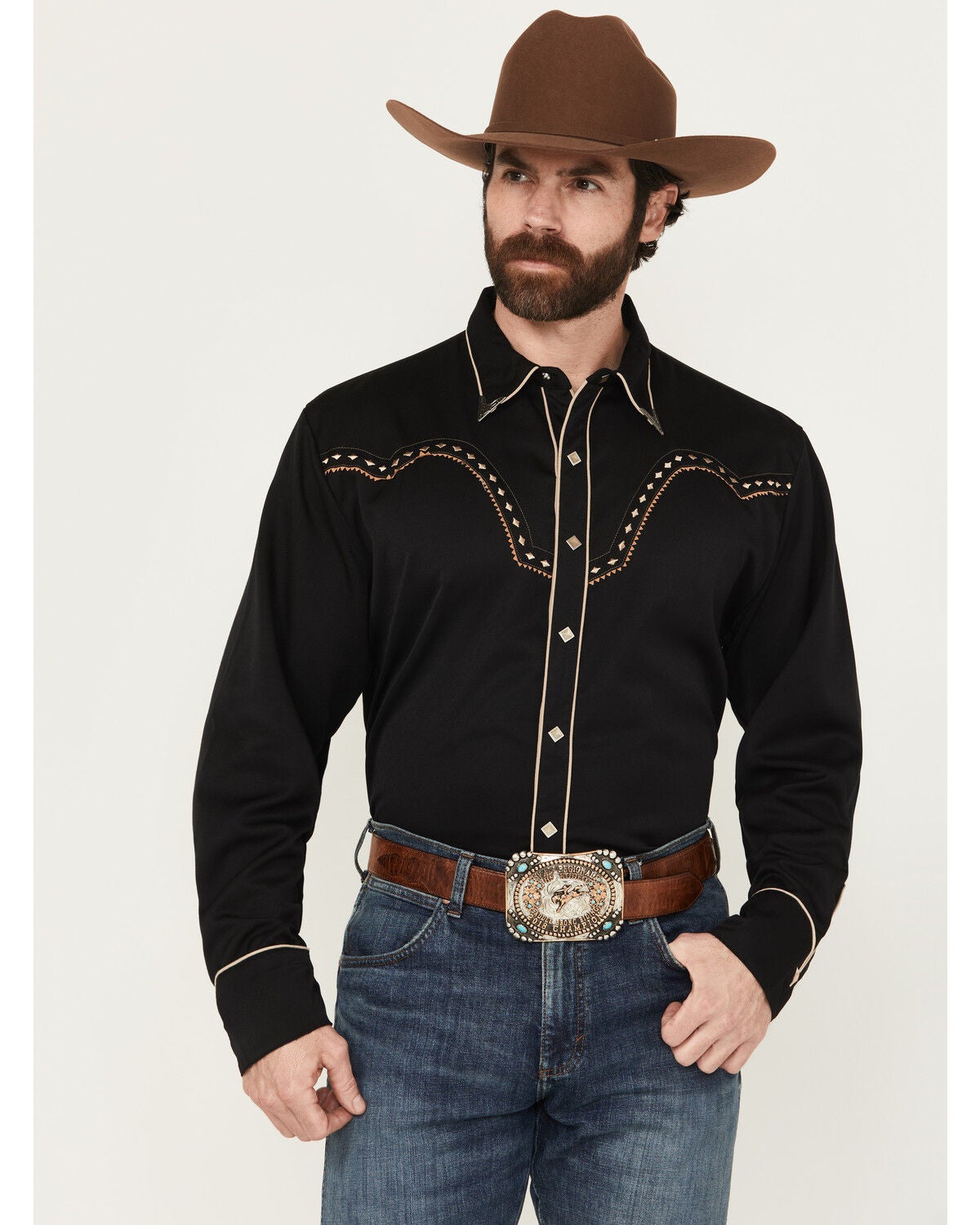 Scully Men's Diamond Embroidered Long Sleeve Western Shirt, Black/white, hi-res