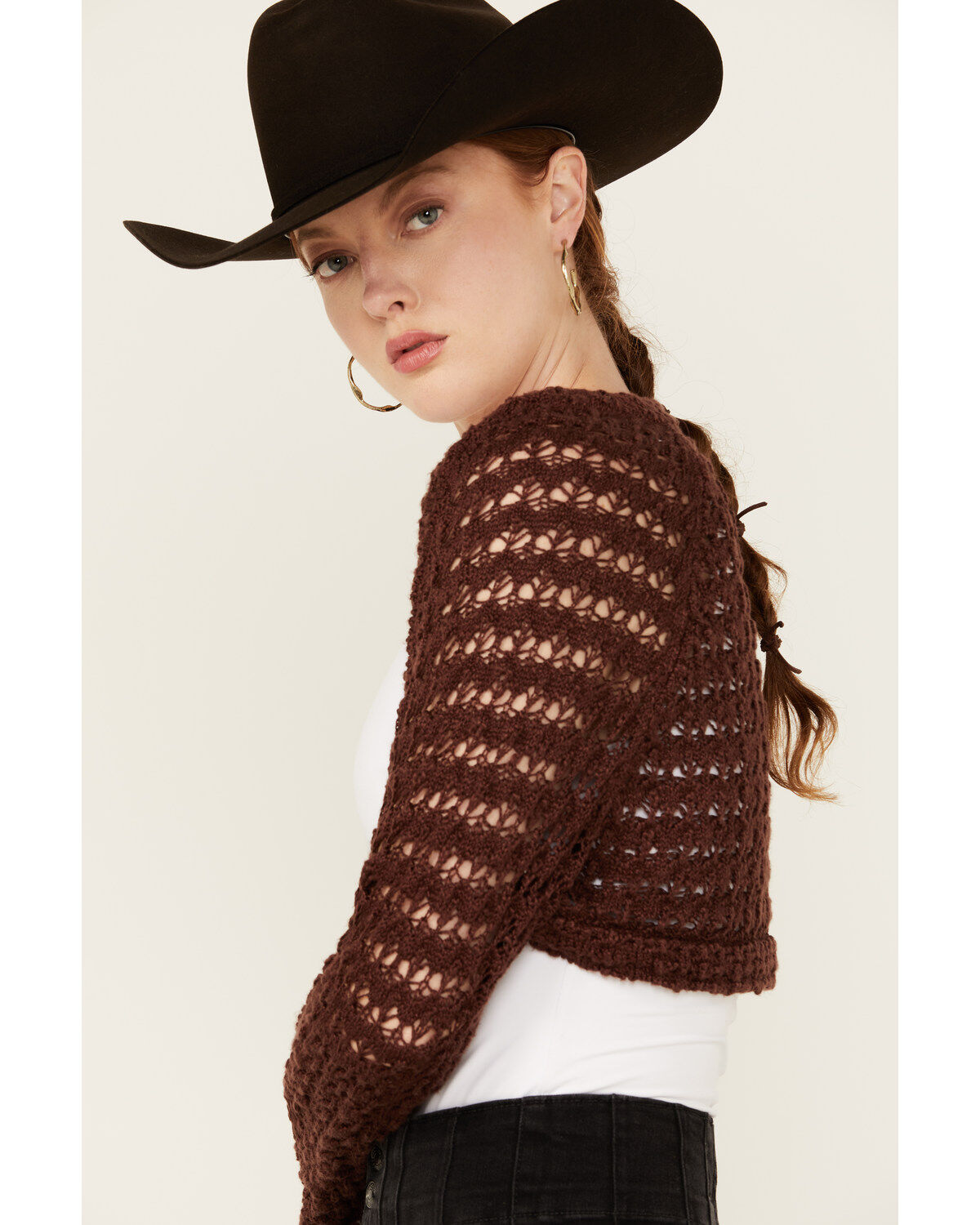 Image #3 - Beyond The Radar Women's Crochet Shrug, Brown, hi-res