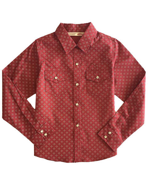 Cumberland Outfitters Girls' Mini Bandana Print Snap Long Sleeve Western Shirt, Burgundy, hi-res