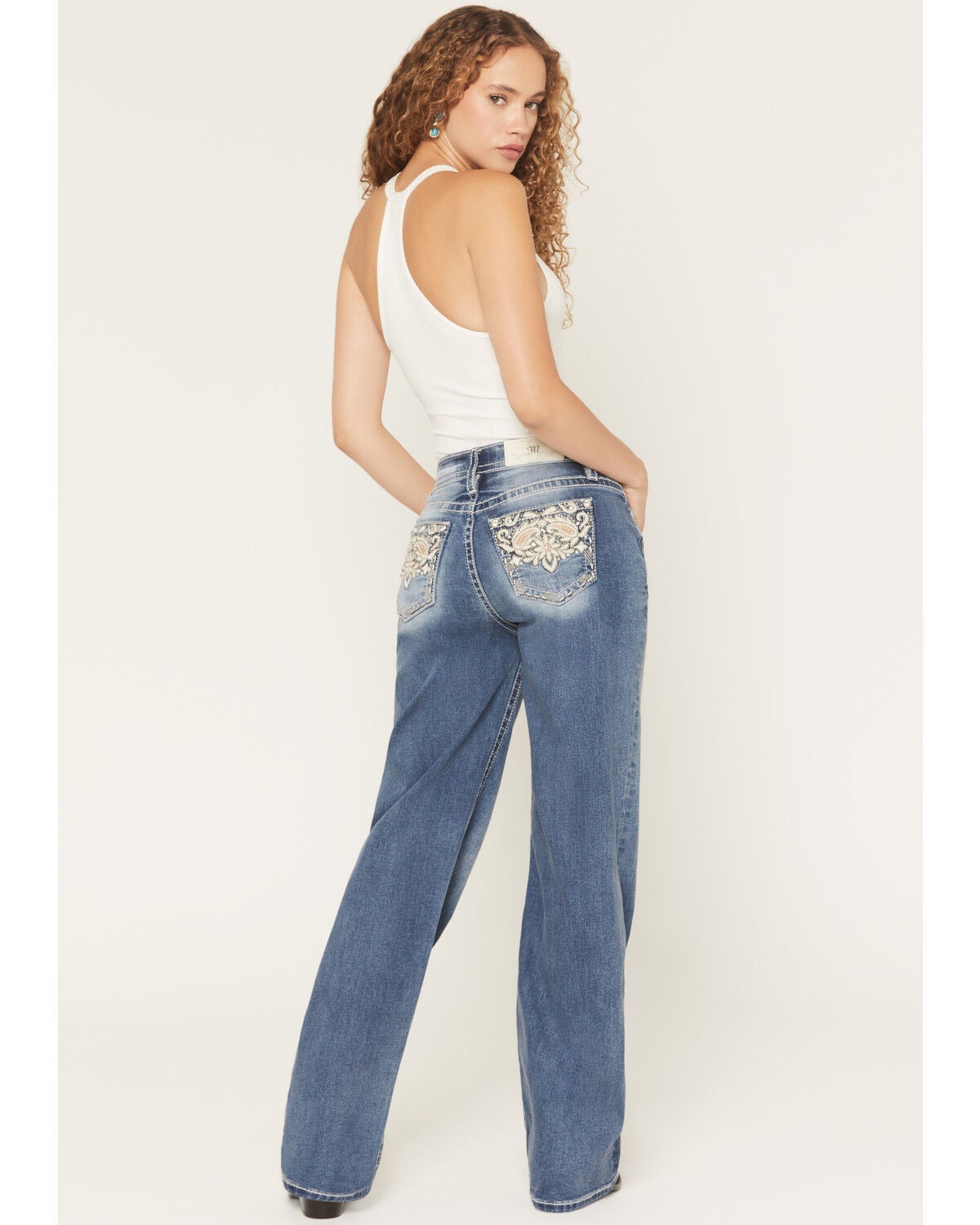 Miss Me Women's Medium Wash Mid Rise Paisley Pocket Slim 32" Bootcut Stretch Denim Jeans, Medium Wash, hi-res