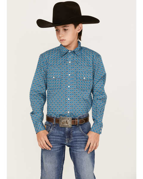 Cinch Boys' Geo Print Long Sleeve Western Snap Shirt , Blue, hi-res