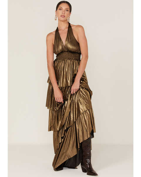 Flying Tomato Women's Metallic Tiered Maxi Dress, Gold, hi-res