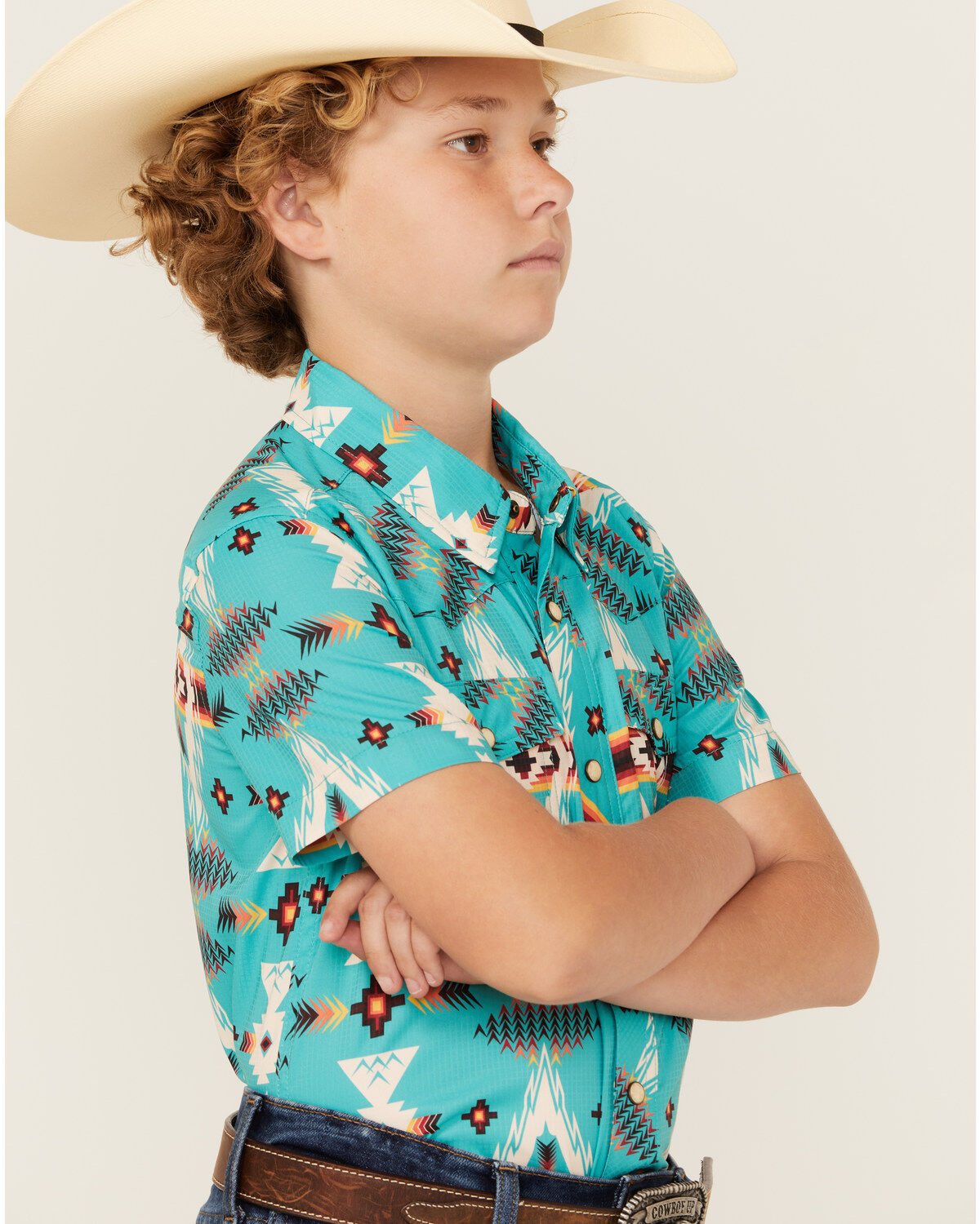 Image #2 - Rock & Roll Denim Boys' Tek Southwestern Print Short Sleeve Snap Western Shirt, , hi-res
