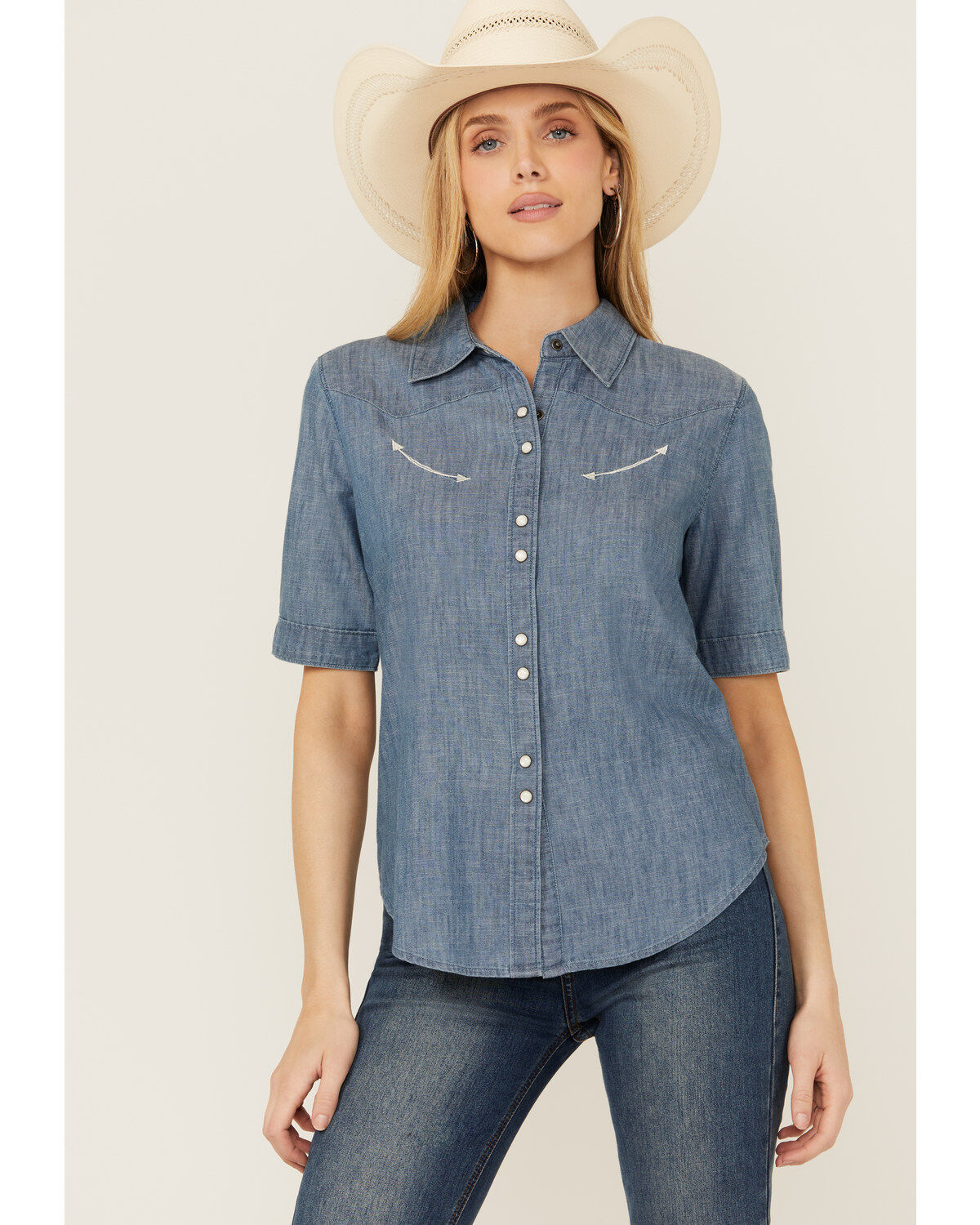 Image #1 - Cruel Girl Women's Short Sleeve Snap Western Shirt, Indigo, hi-res