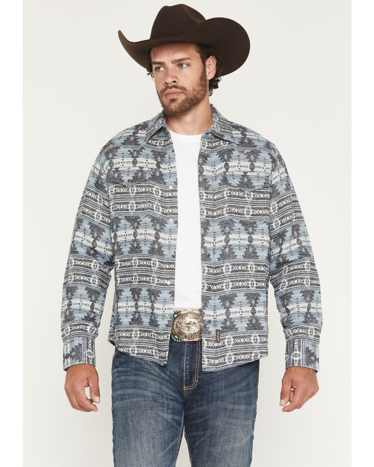 Image #1 - Wrangler Retro Men's Southwestern Print Long Sleeve Snap Shirt Jacket, Blue, hi-res