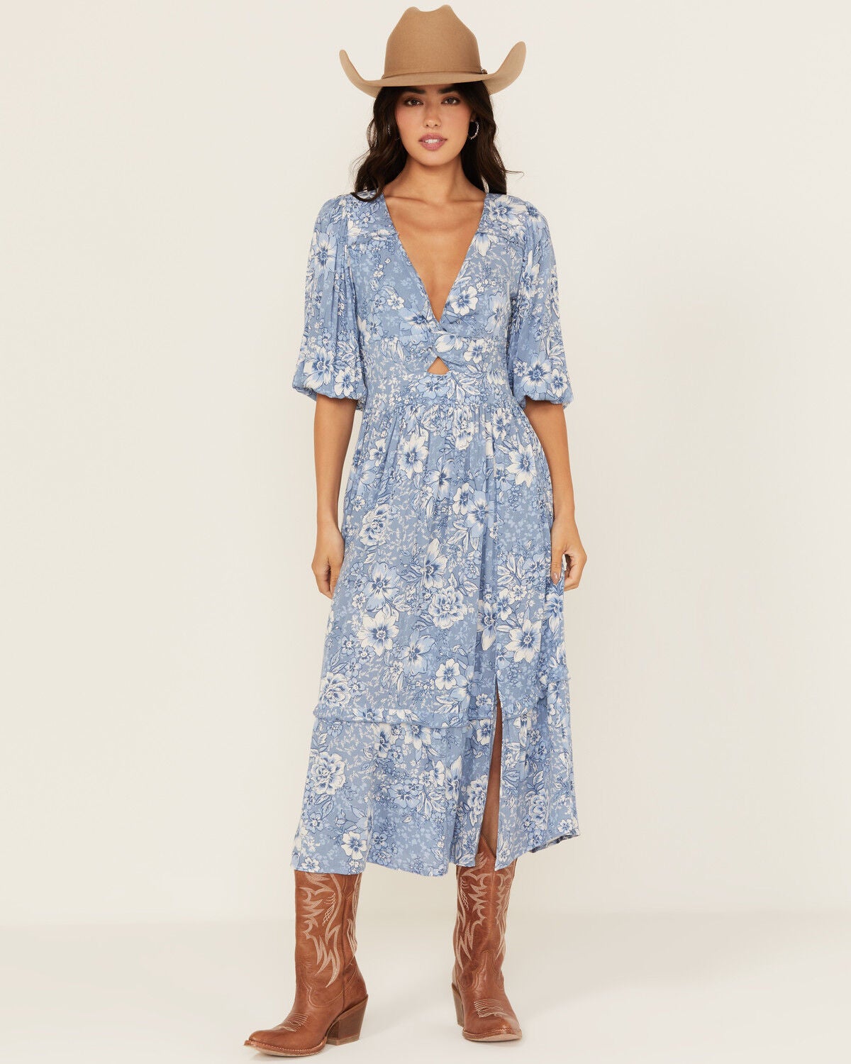 Wild Moss Women's Floral Print Front Twist Midi Dress, Blue, hi-res