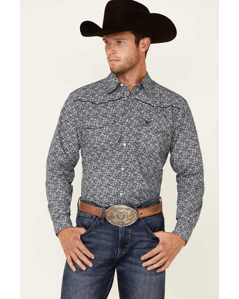 Image #1 - Cowboy Hardware Men's Paisley Print Long Sleeve Pearl Snap Western Shirt , Blue, hi-res