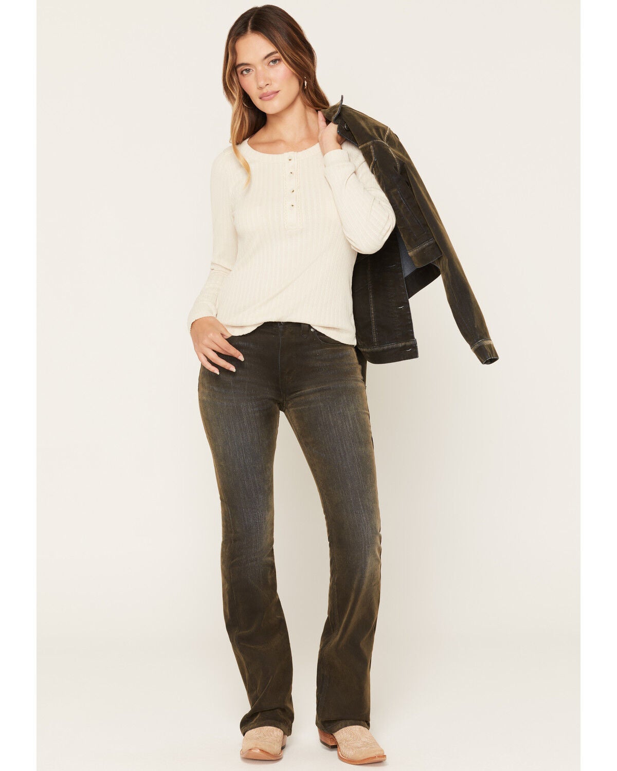Image #1 - Shyanne Women's Celeste High Rise Flocked Bootcut Denim Jeans, Olive, hi-res