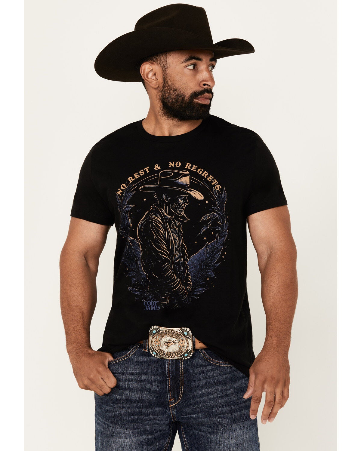 Cody James Men's No Regrets Cowboy Short Sleeve Graphic T-Shirt, Black, hi-res