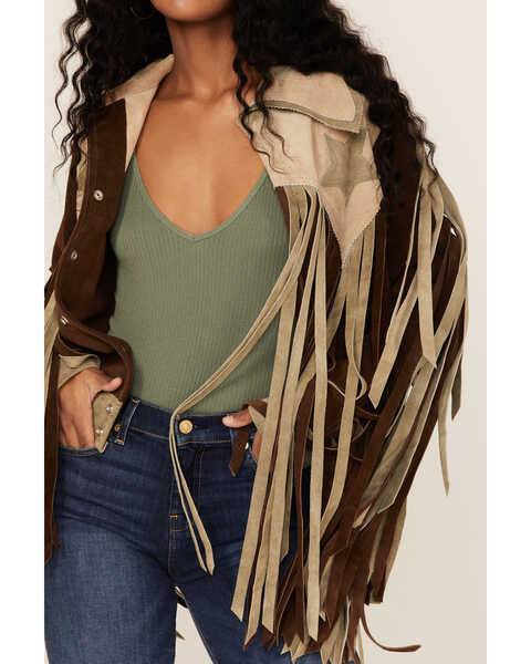 Understated Leather Women's Americana Star Fringe Suede Jacket, Chocolate, hi-res