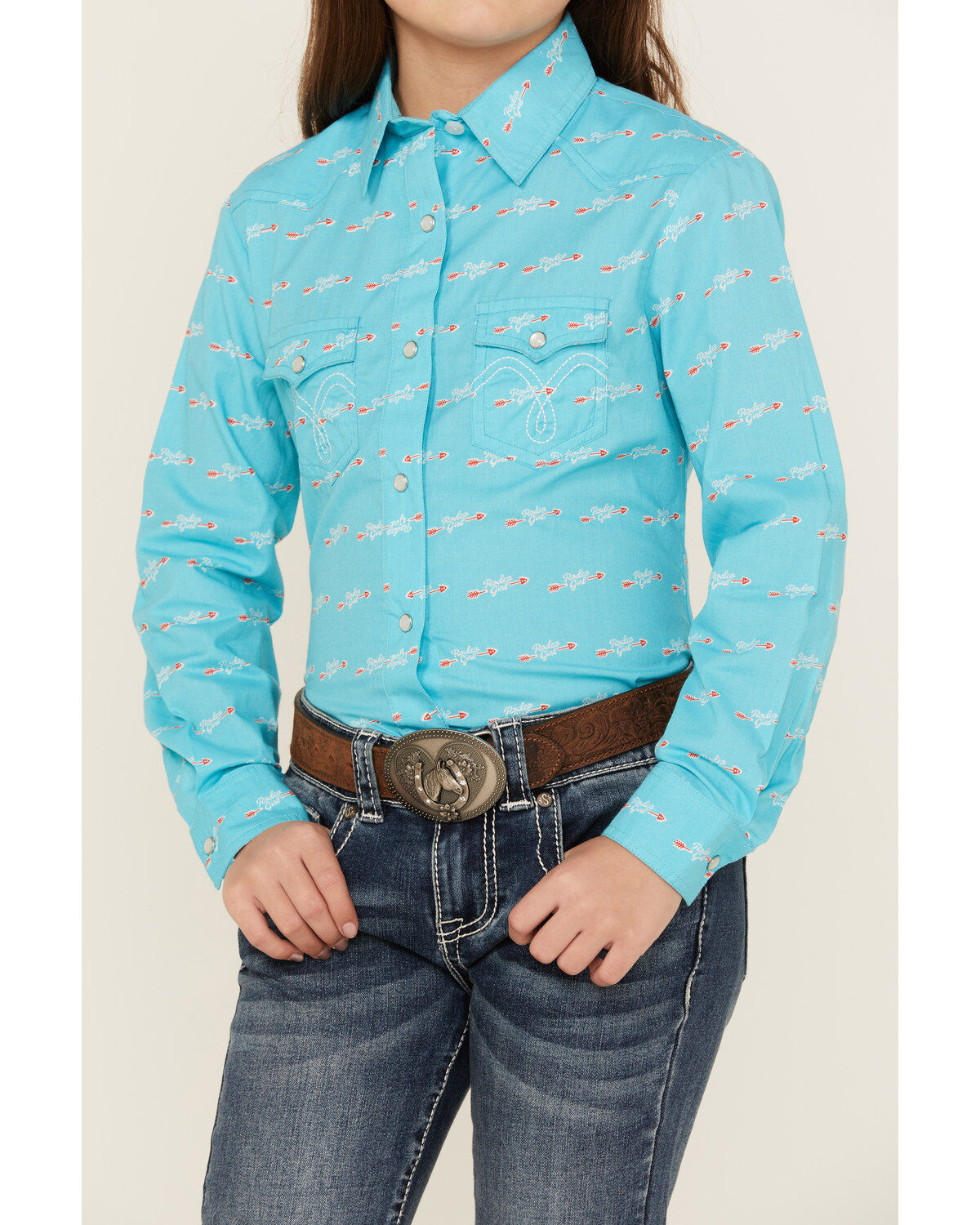 Image #3 - Panhandle Girls' Rodeo Arrow Print Long Sleeve Pearl Snap Western Shirt, Turquoise, hi-res