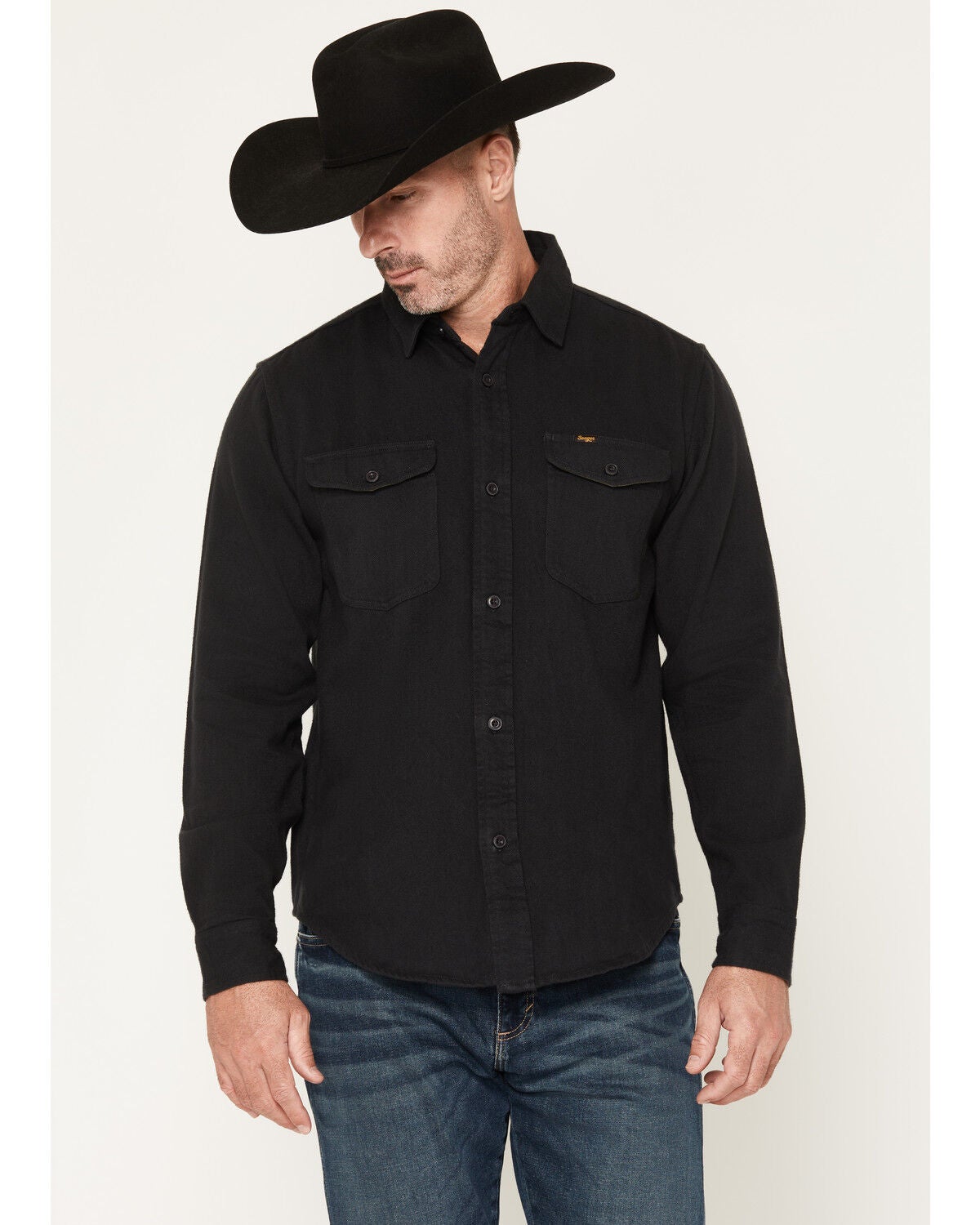Image #1 - Seager Men's Calico Solid Long Sleeve Button-Down Flannel Shirt, Black, hi-res