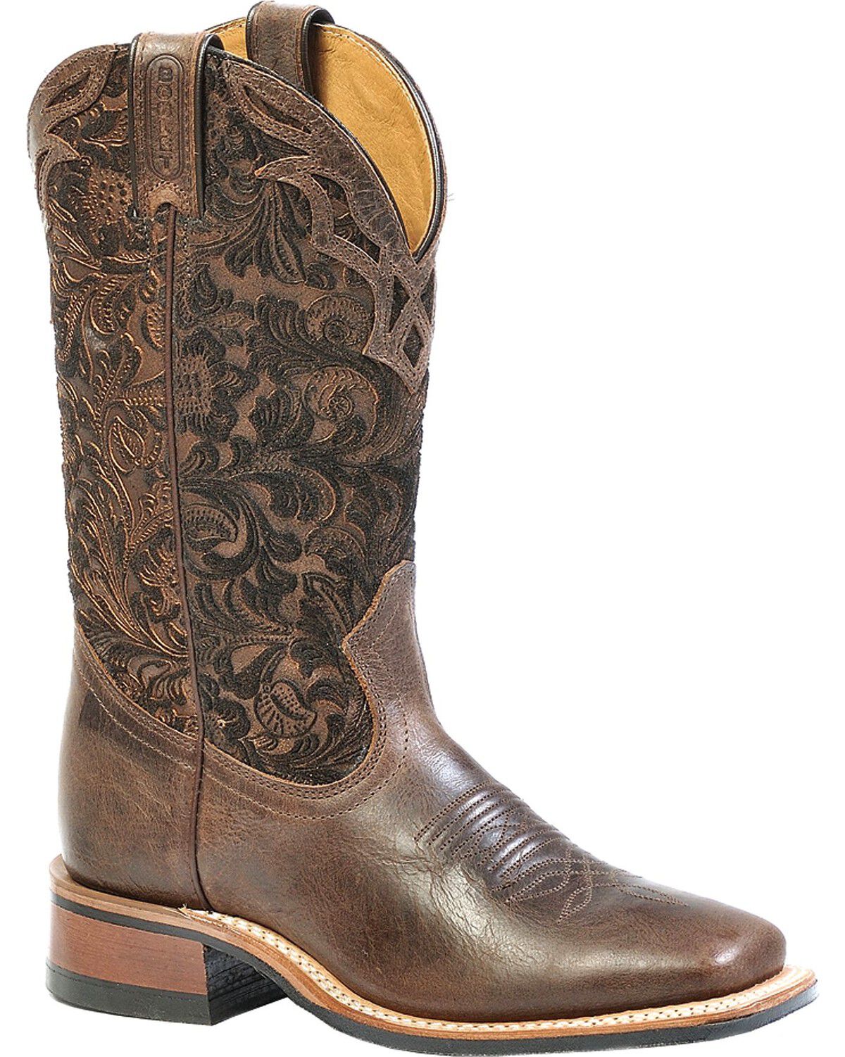 Image #1 - Boulet Floral Embossed Cowgirl Boots - Square Toe, Wood, hi-res