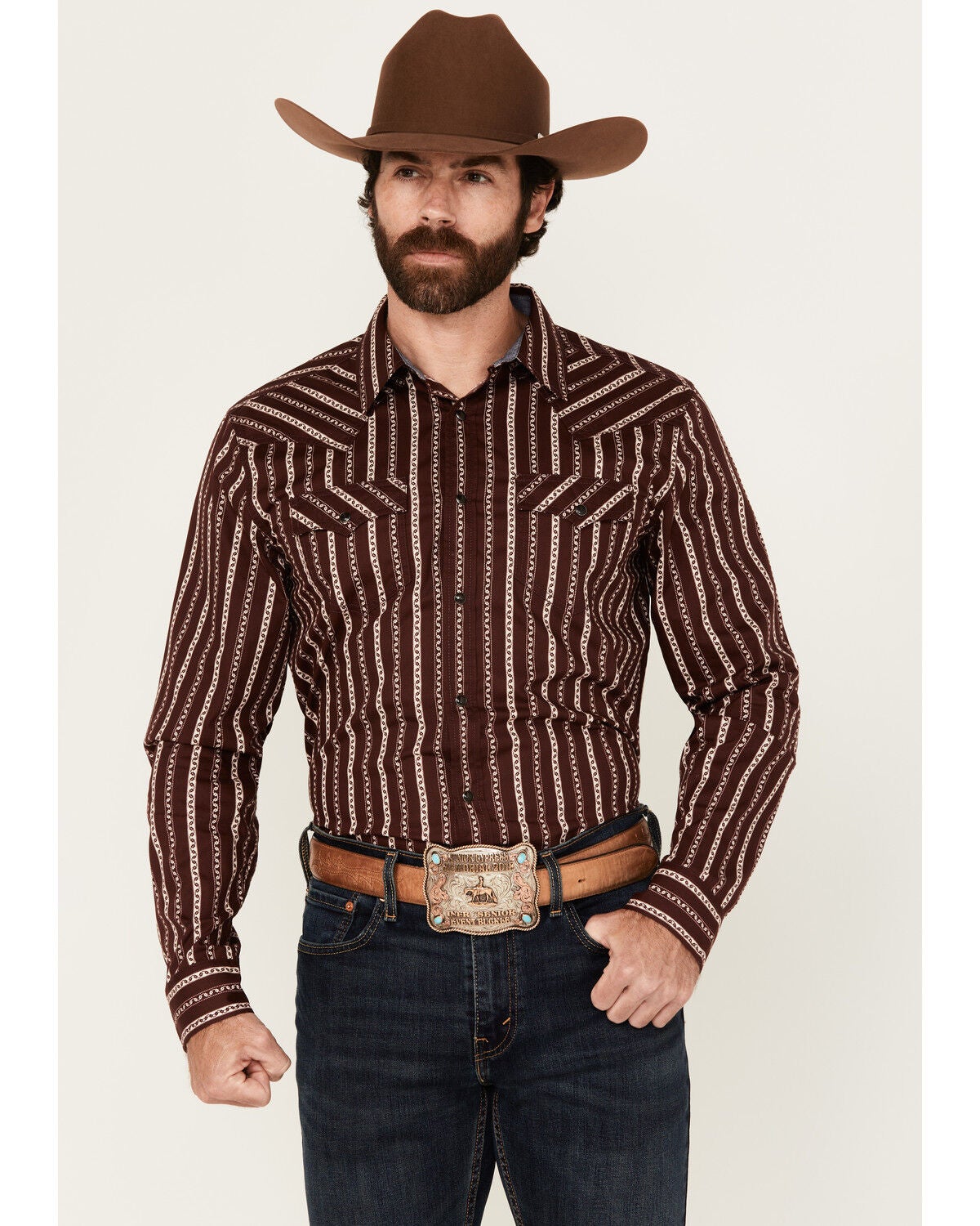 Cody James Men's Hansen Vertical Striped Wallpaper Print Long Sleeve Snap Western Shirt, Burgundy, hi-res