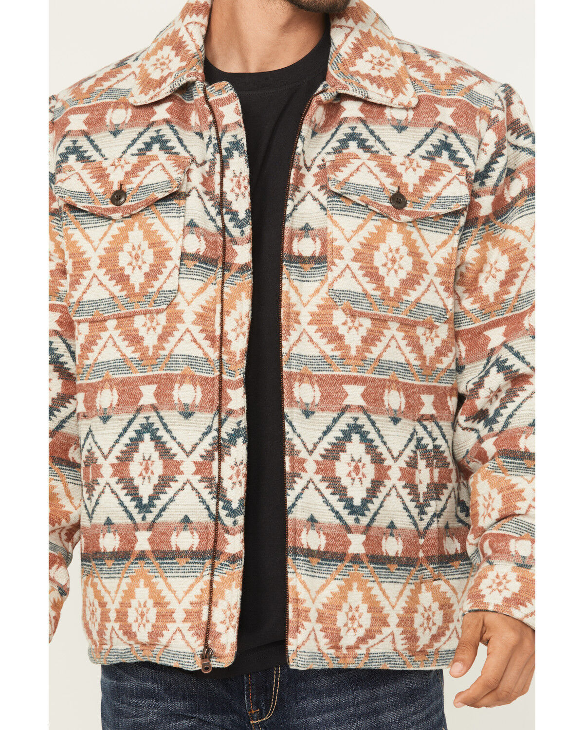 Image #3 - Cripple Creek Men's Southwestern Print Sherpa Lined Blanket Shirt Jacket, Cream/red, hi-res