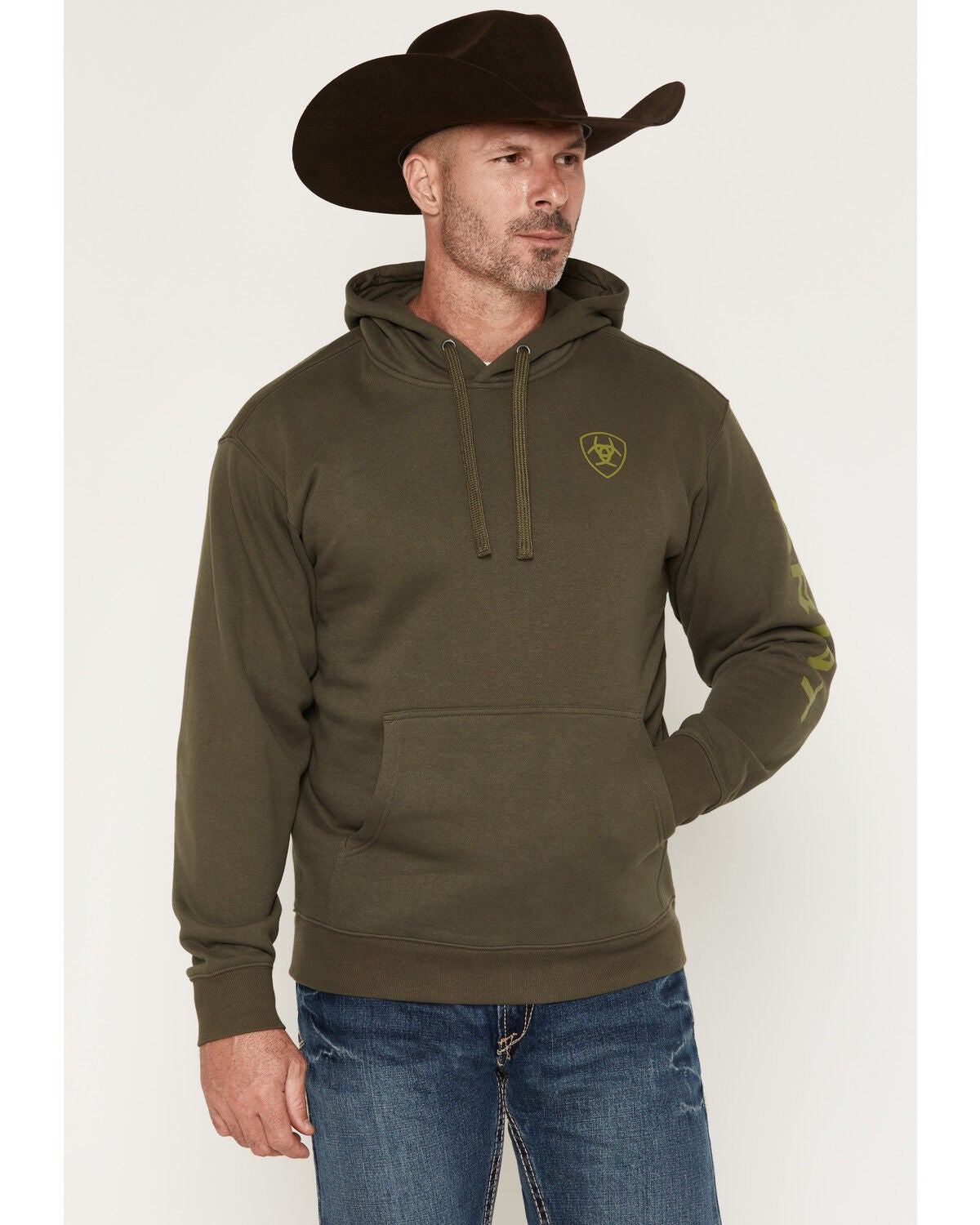 Image #1 - Ariat Men's Logo Hooded Sweatshirt, Olive, hi-res