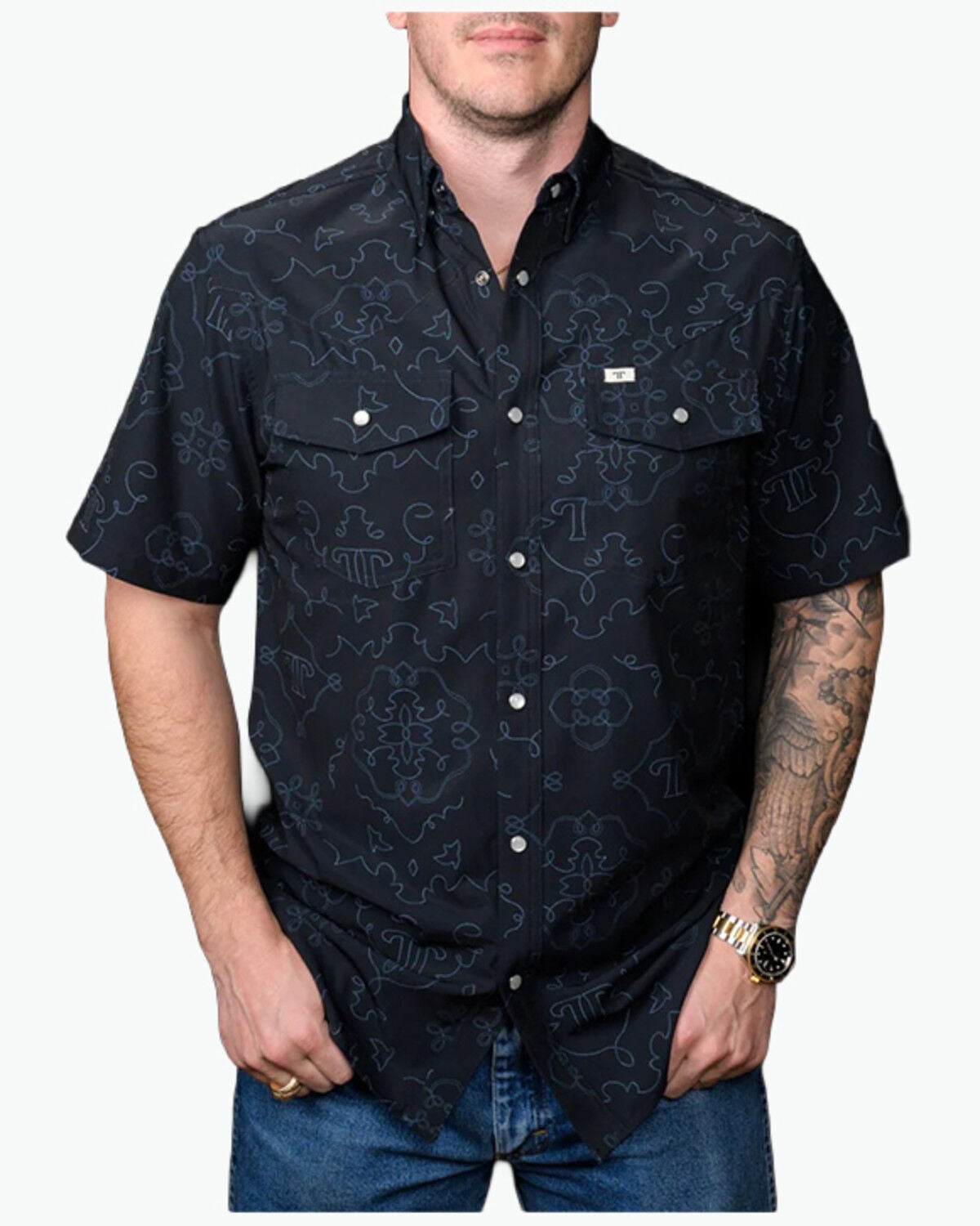 Ferrell Men's Tek Carson Boot Stitch Print Short Sleeve Pearl Snap Stretch Performance Western Shirt, Black, hi-res