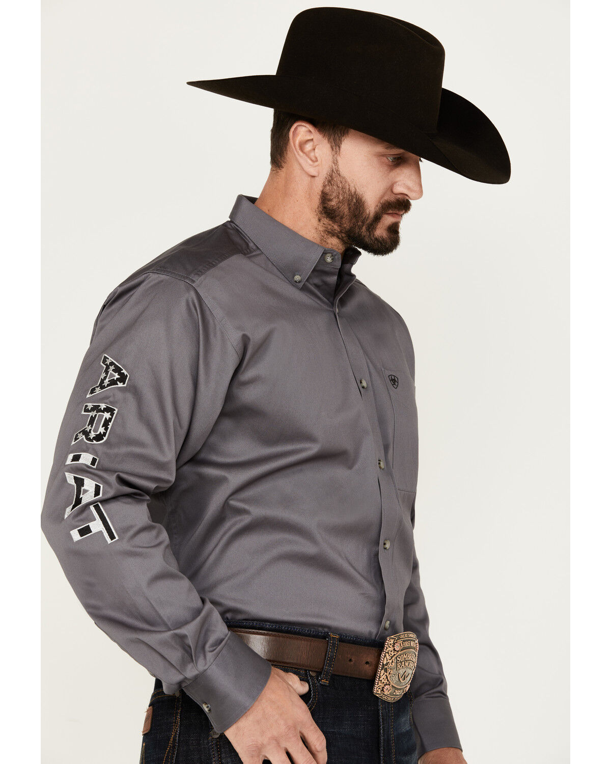 Image #1 - Ariat Men's Team Logo Twill Long Sleeve Button-Down Western Shirt, Dark Grey, hi-res