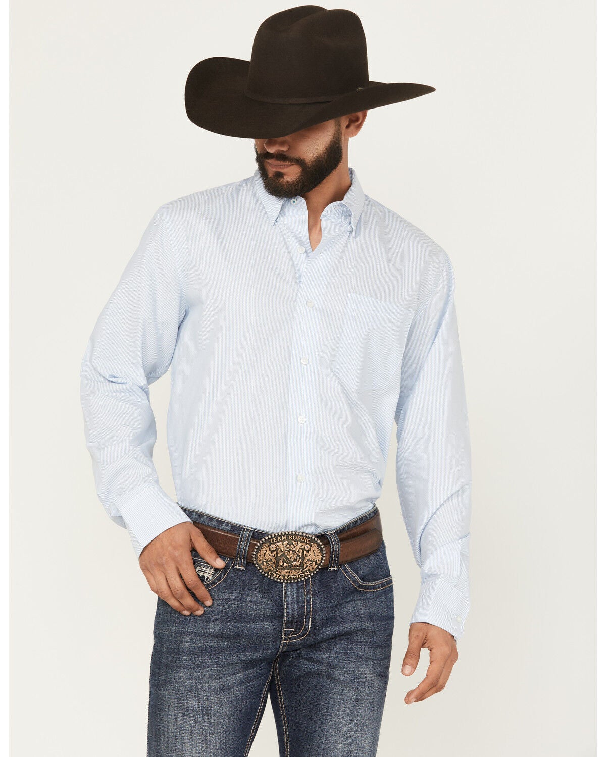 Image #1 - Wrangler X Cody Johnson Men's Non-Solid Solid Long Sleeve Button-Down Western Shirt, Blue, hi-res