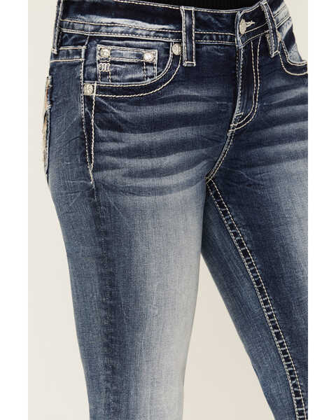 Miss Me Women's Dark Wash Mid Rise Wing Pocket Bootcut Stretch Denim Jeans , Dark Wash, hi-res