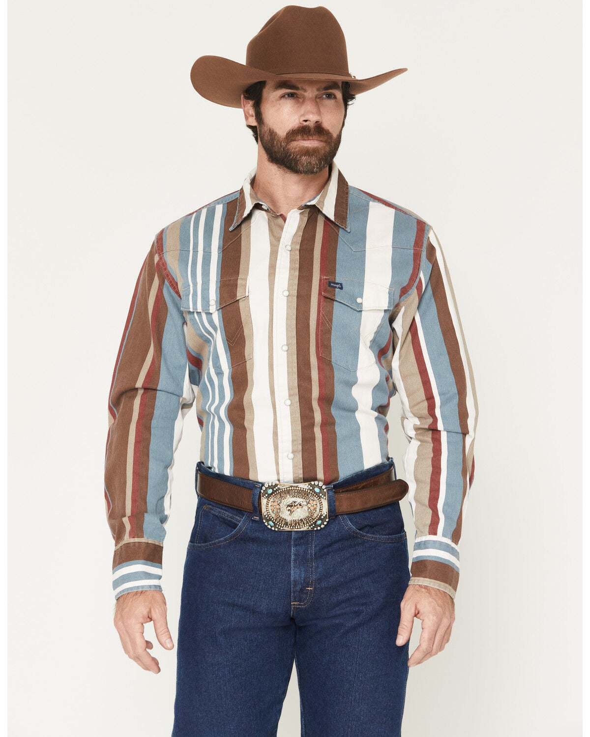 Image #1 - Wrangler Men's Brushpopper Denim Striped Long Sleeve Snap Western Shirt, , hi-res