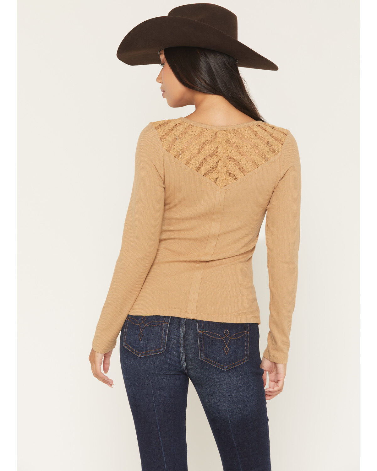 Image #4 - Miss Me Women's Embellished Lace Long Sleeve Shirt, Brown, hi-res