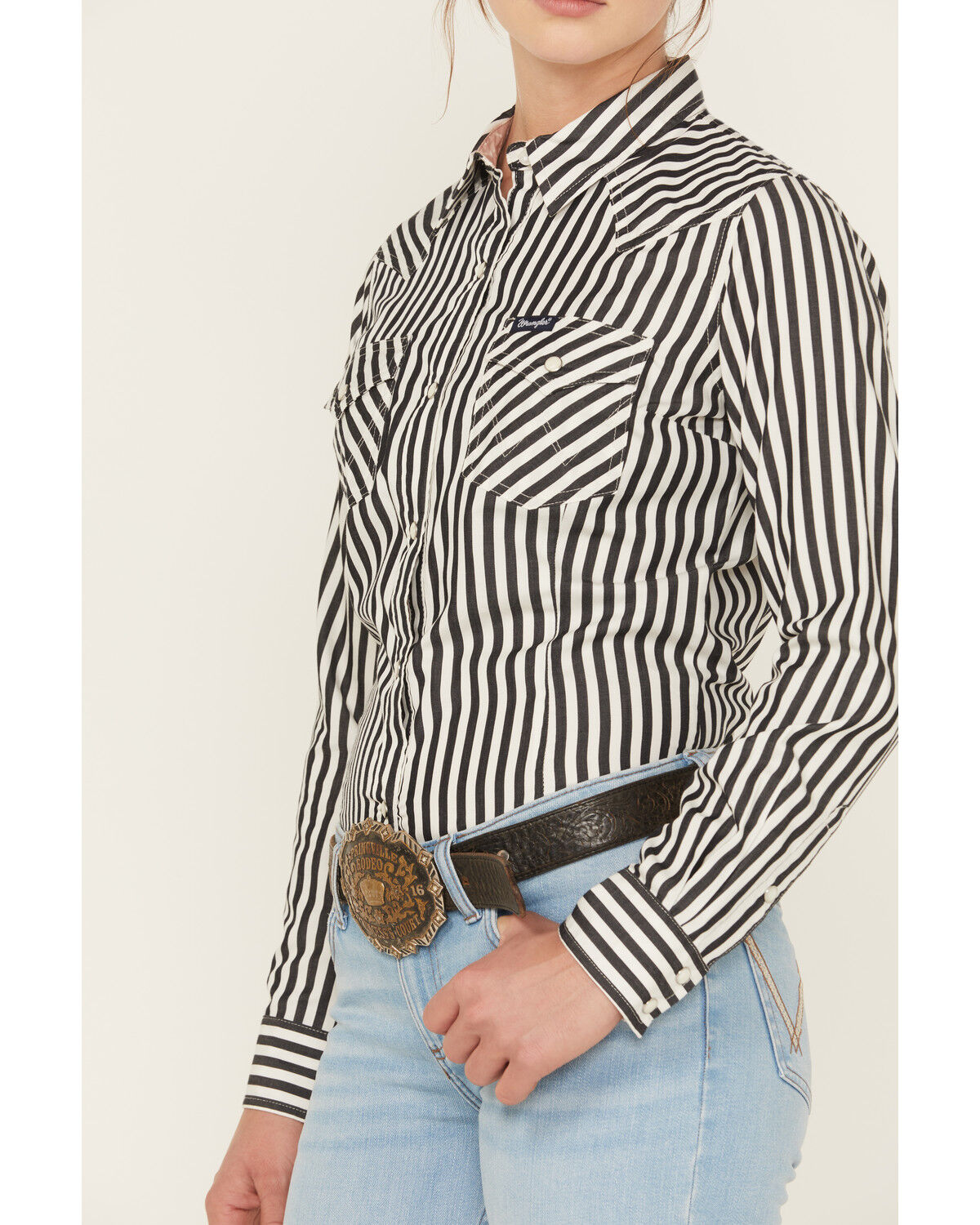 Image #3 - Wrangler Retro Women's Striped Long Sleeve Snap Western Shirt, Black, hi-res