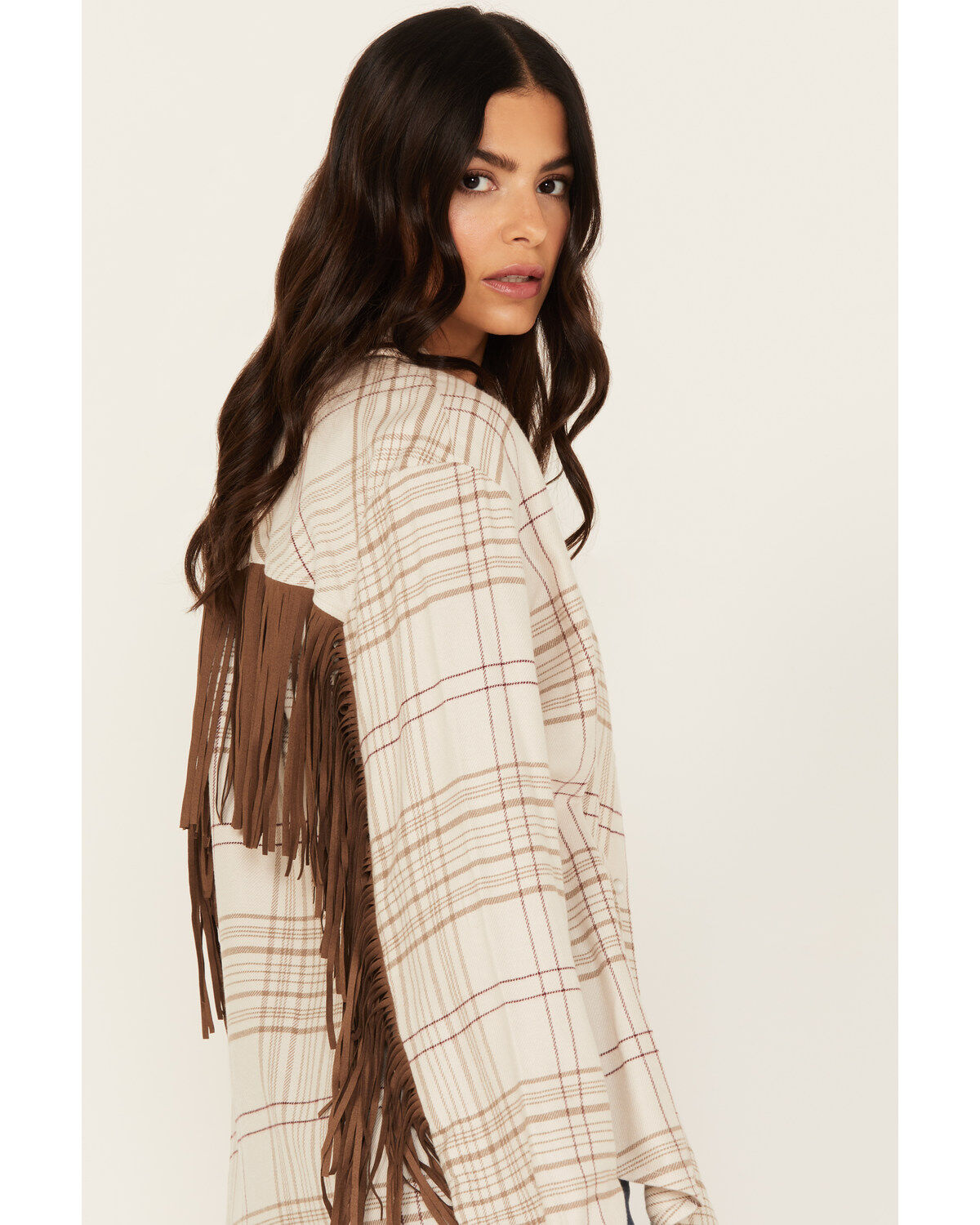 Image #3 - Idyllwind Women's Kingfish Fringe Flannel Shirt, Stone, hi-res
