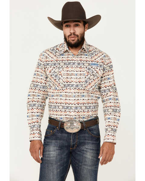 Rough Stock by Panhandle Men's Bandana Southwestern Print Long Sleeve Snap Stretch Western Shirt, Natural, hi-res