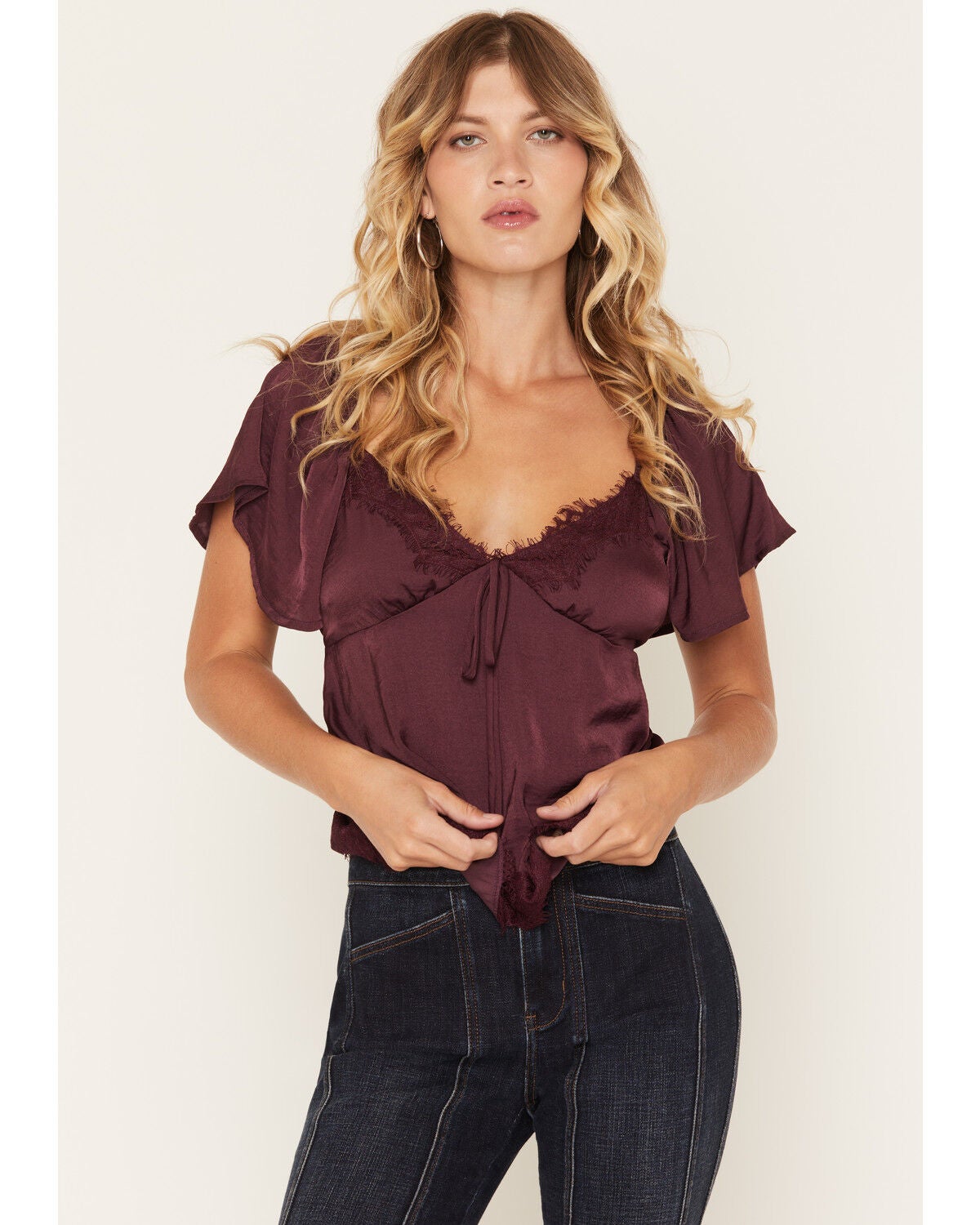 Wild Moss Women's Short Sleeve Lace Trim Top, Purple, hi-res