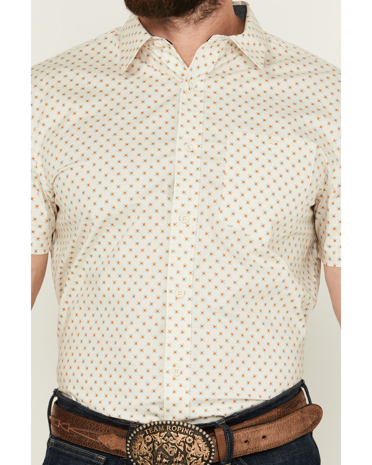Image #3 - RANK 45® Men's Westamp Geo Print Short Sleeve Button-Down Performance Stretch Western Shirt, Ivory, hi-res
