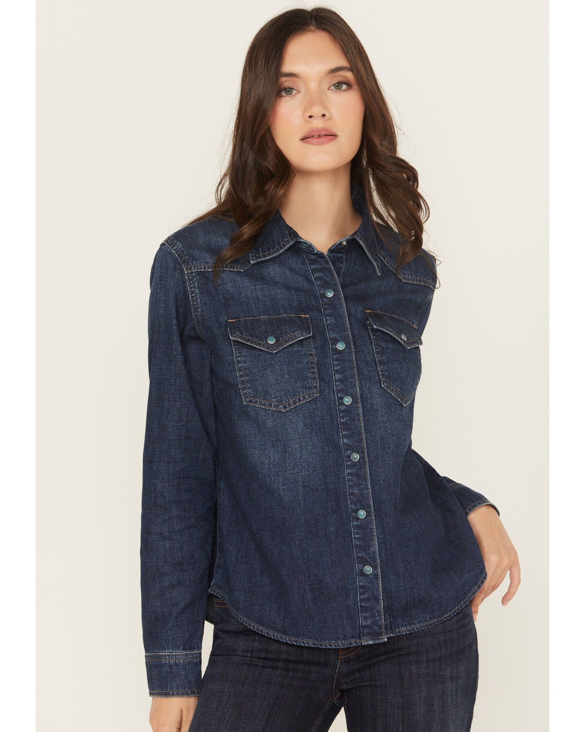 Idyllwind Women's Abbott Dark Wash Chambray Long Sleeve Snap Western Shirt, Dark Wash, hi-res