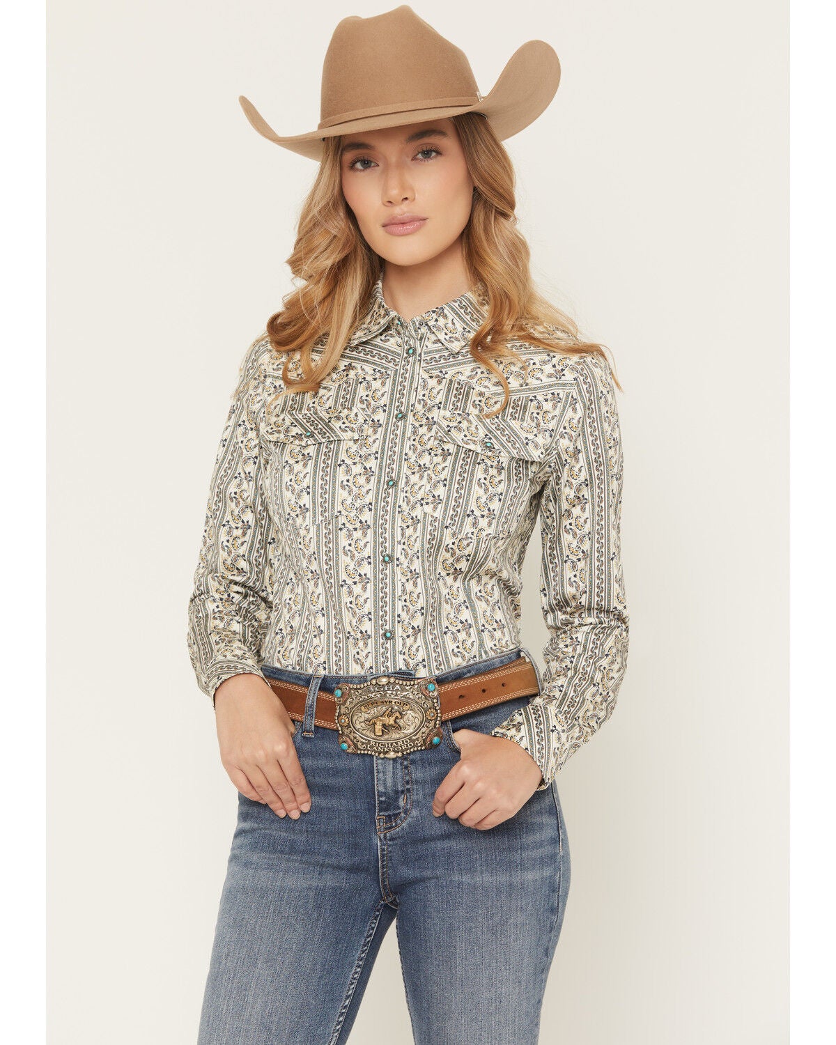 Shyanne Women's Paisley Wallpaper Print Long Sleeve Snap Stretch Western Shirt, Cream, hi-res