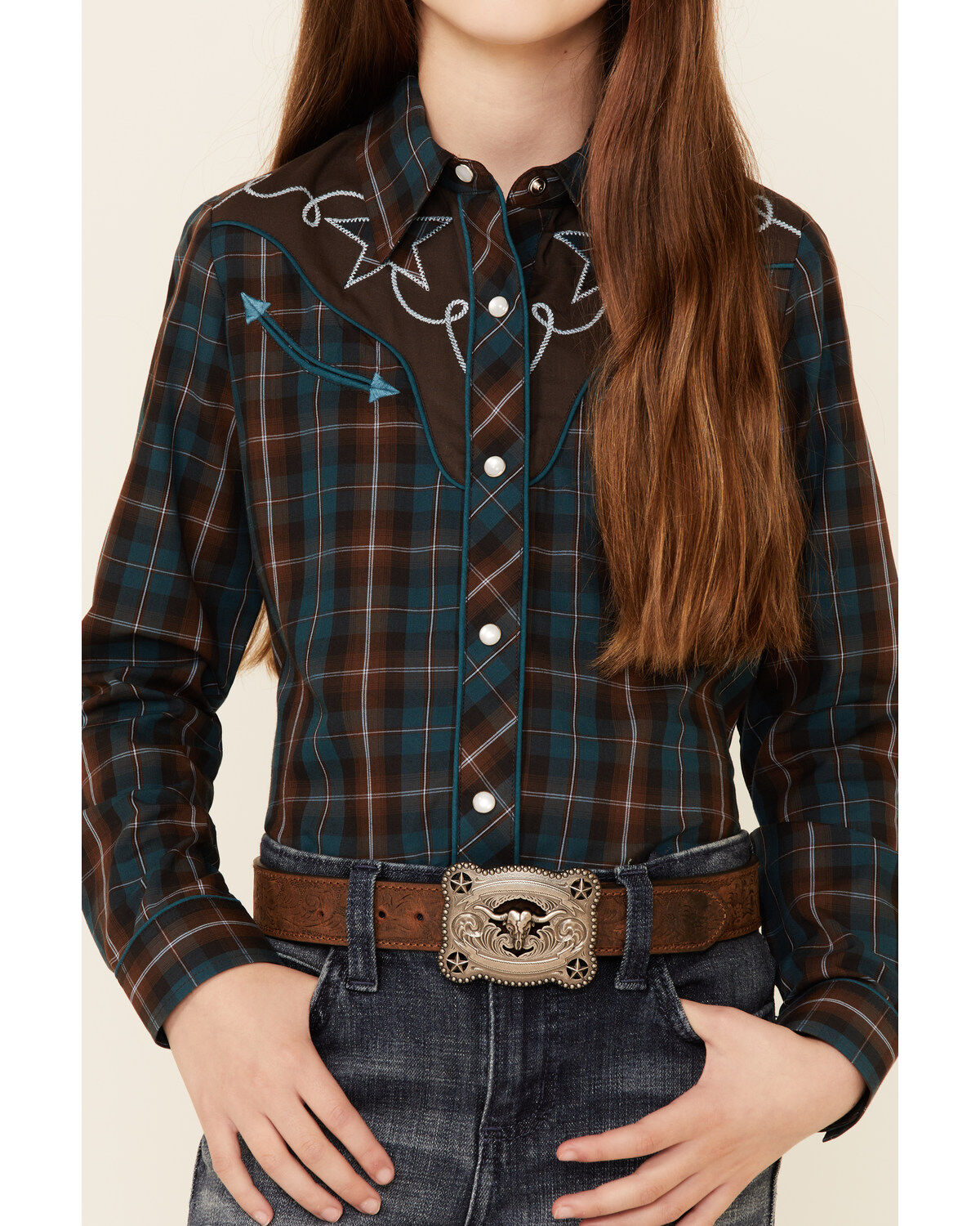 Image #3 - Roper Girls' Windowpane Plaid Print Fancy Yoke Long Sleeve Pearl Snap Western Shirt, Brown, hi-res