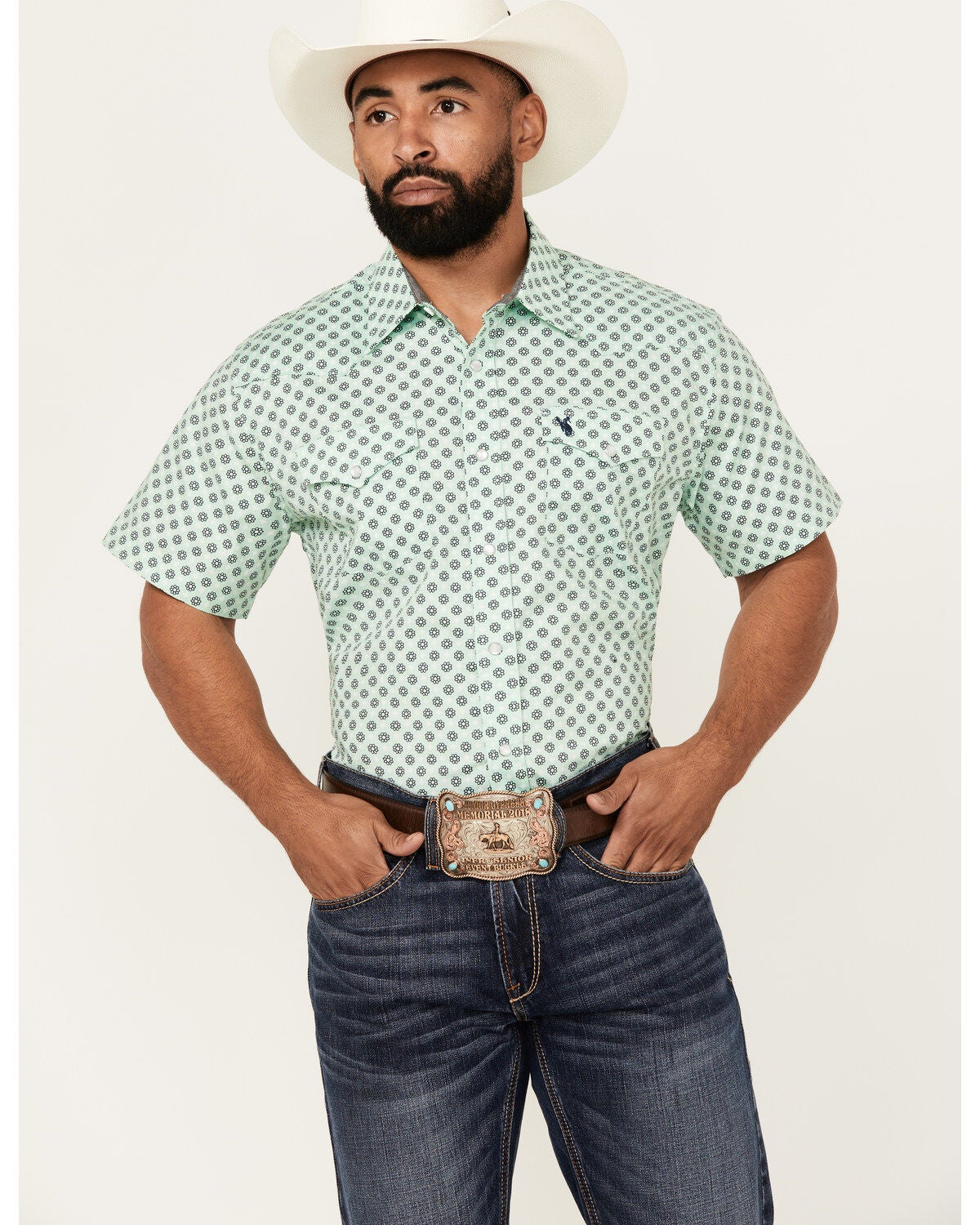 Rodeo Clothing Men's Boot Barn Exclusive Geo Print Short Sleeve Snap Western Shirt, Sage, hi-res