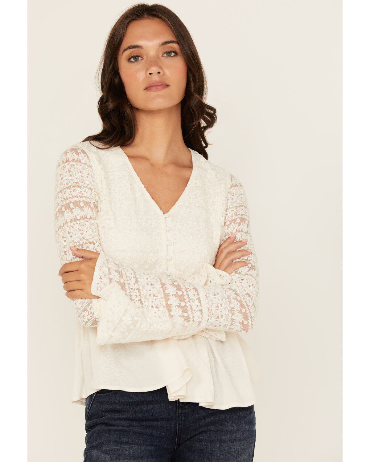 Image #1 - Shyanne Women's Lace Long Sleeve Button-Down Shirt, Off White, hi-res