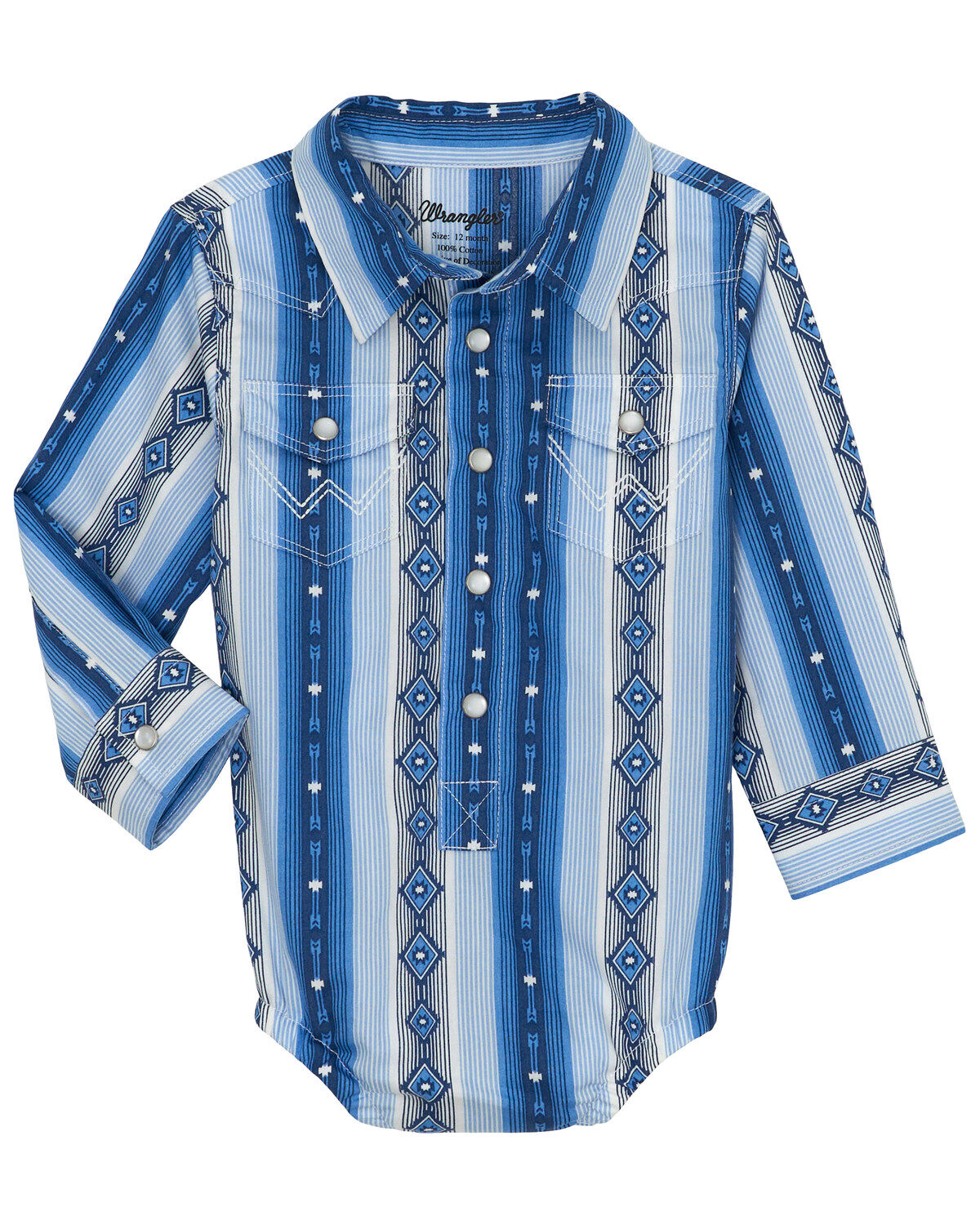 Image #1 - Wrangler Infant Boys' Southwestern Striped Long Sleeve Pearl Snap Onesie, Blue, hi-res