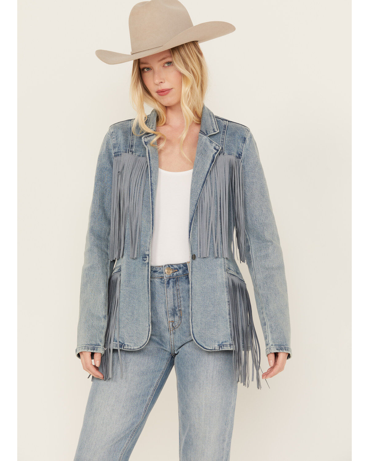 Image #1 - Rock & Roll Denim Women's Light Wash Denim Stretch Fringe Blazer, , hi-res